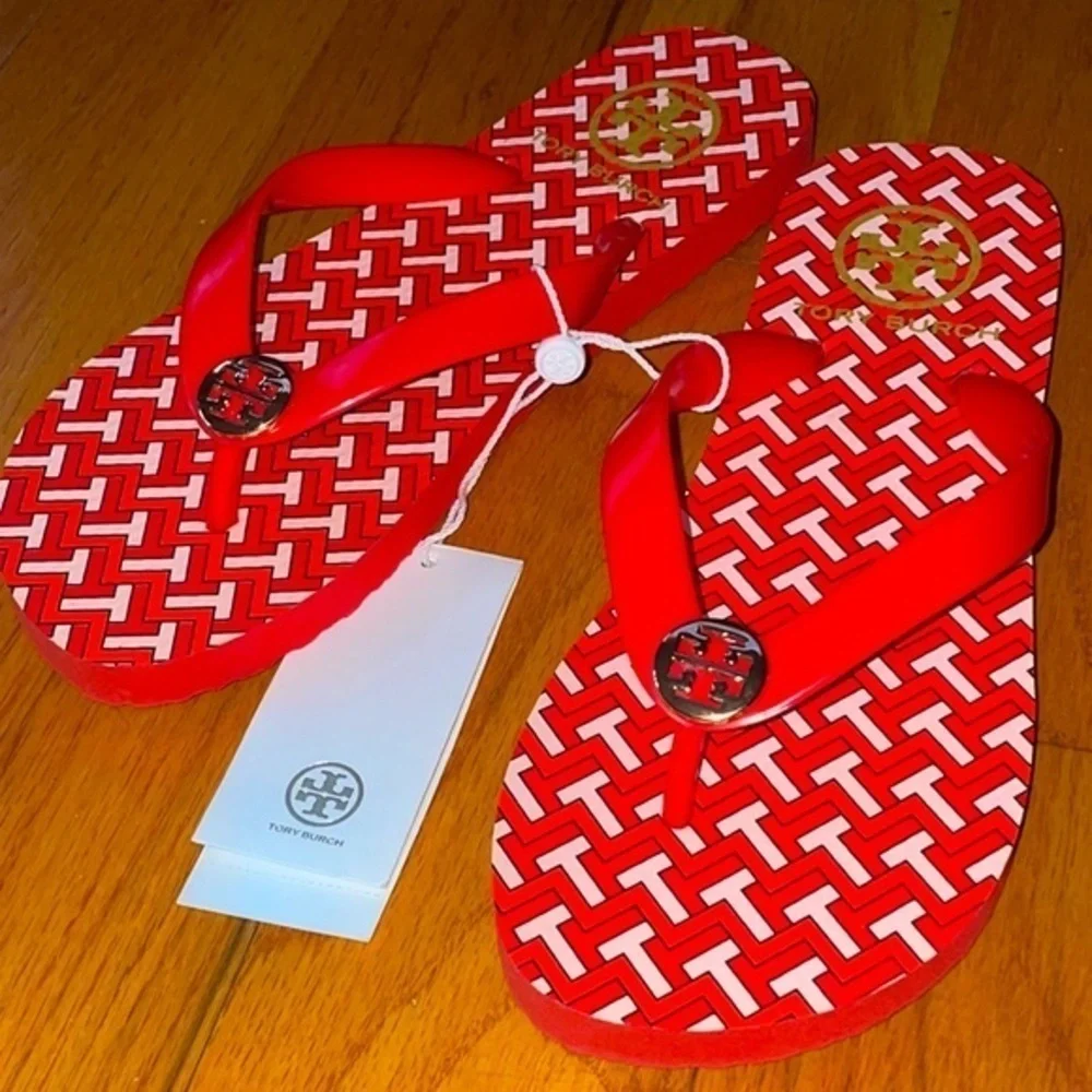 Tory Burch Classic T Zig Zag Chevron Preppy Herringbone Thong Flip Flop Sandals